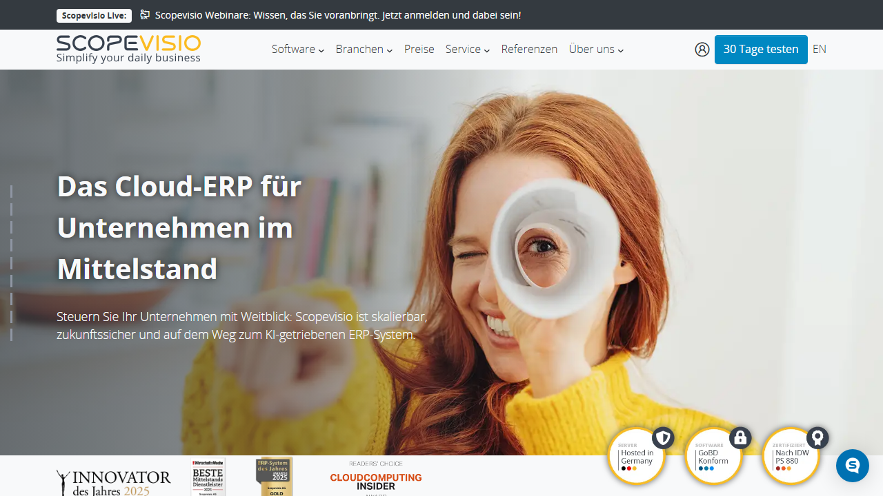 Screenshot of the homepage of Scopevisio