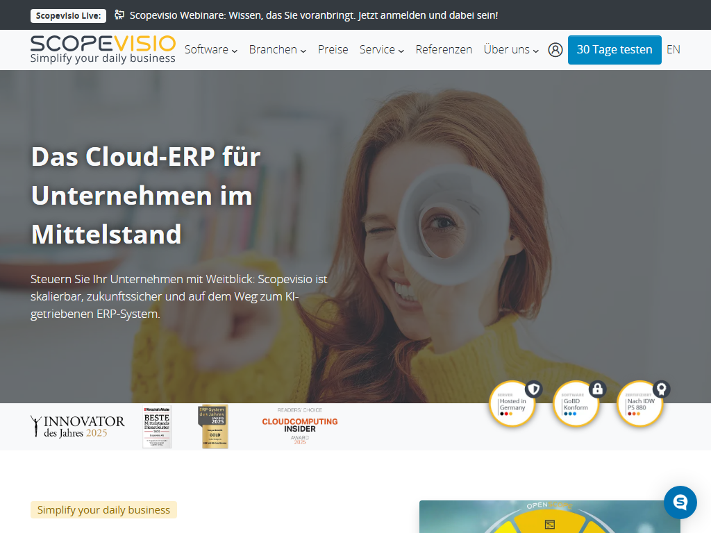 Screenshot of the homepage of Scopevisio