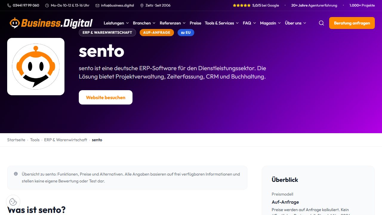 Screenshot of the homepage of sento ERP