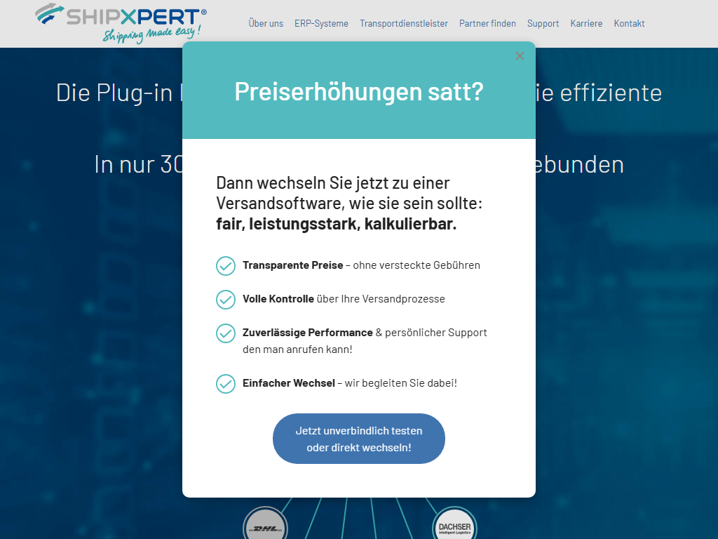Screenshot der Homepage von ShipXpert