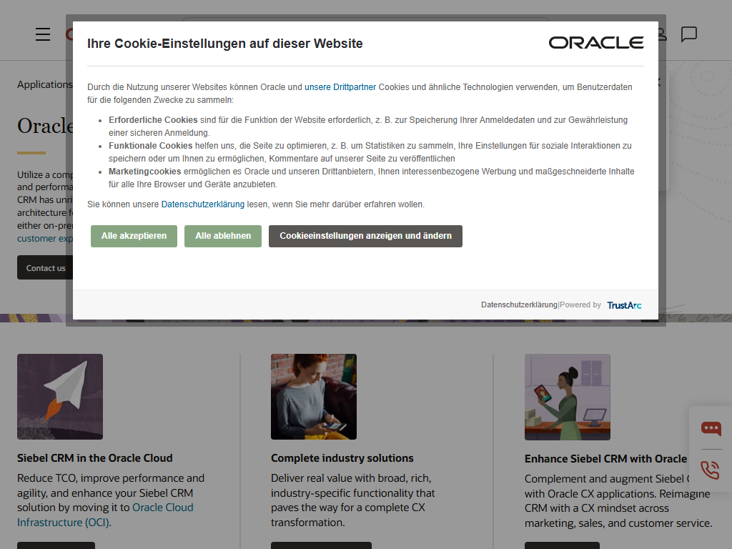 Screenshot der Homepage von Siebel CRM