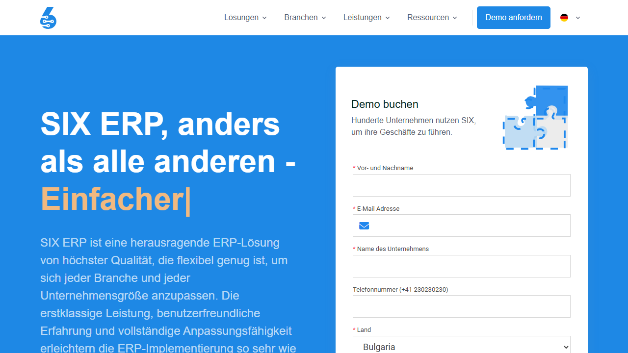Screenshot of the homepage of SIX ERP