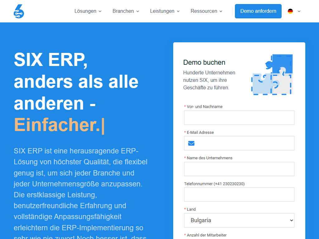 Screenshot der Homepage von SIX ERP