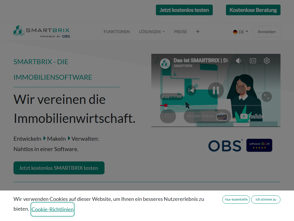 Screenshot der Homepage von SMARTBRIX