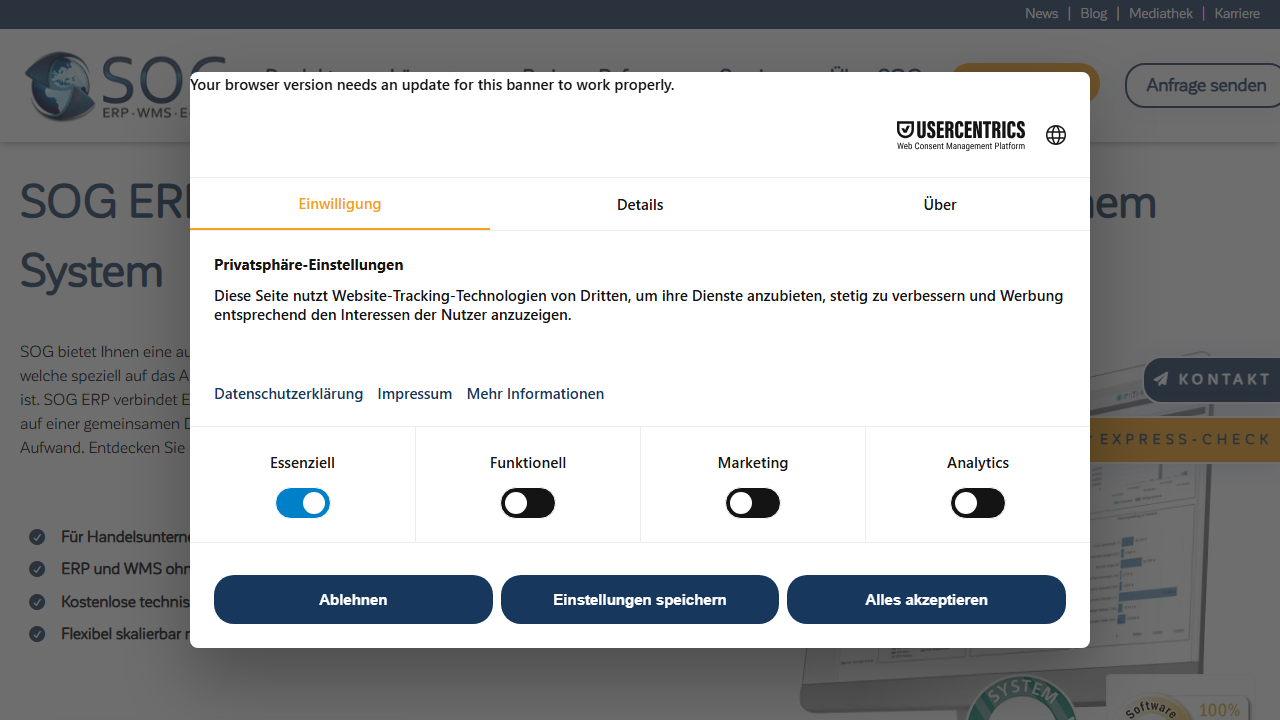 Screenshot of the homepage of SOG ERP