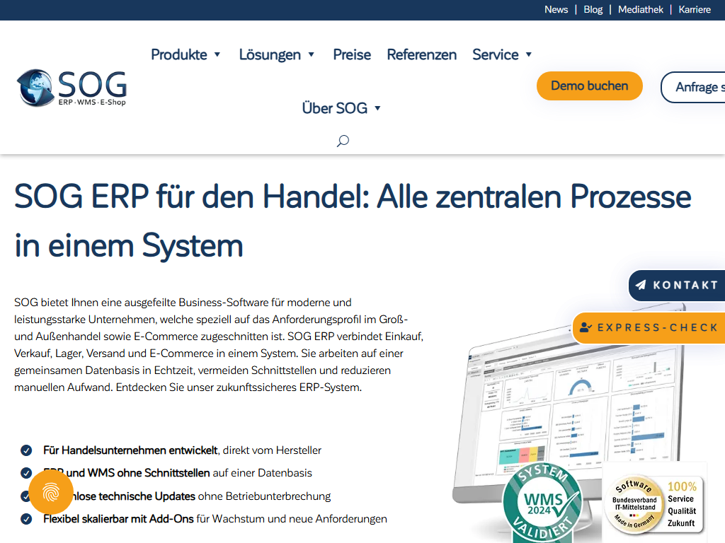 Screenshot of the homepage of SOG ERP
