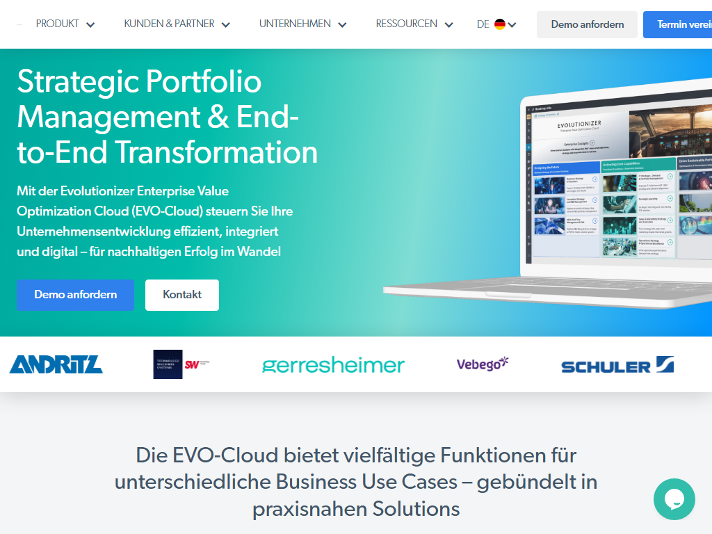 Screenshot der Homepage von SOLYP / Evolutionizer EVO-Cloud