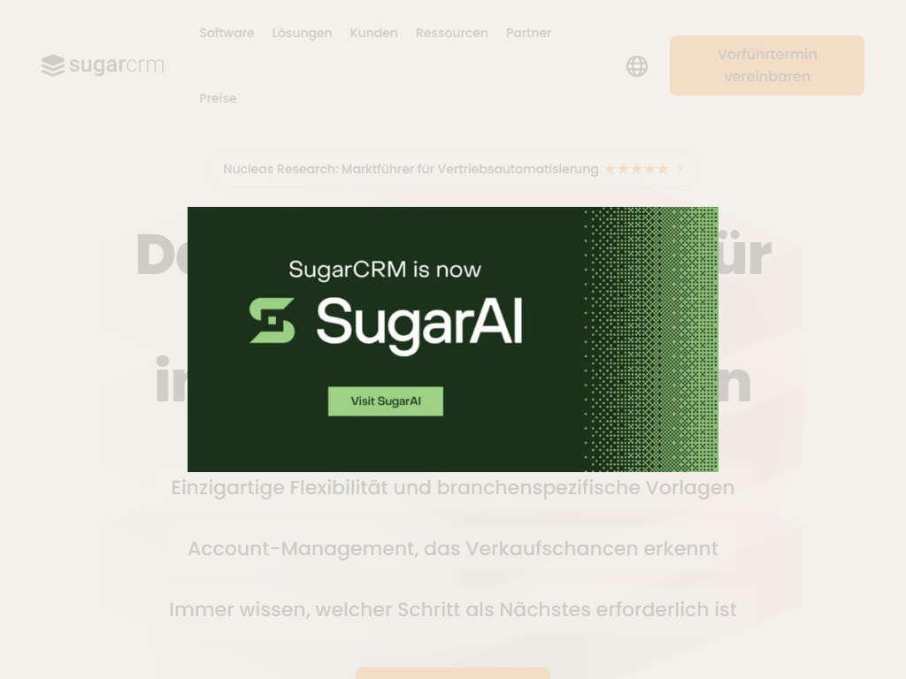 Screenshot of the homepage of SugarCRM
