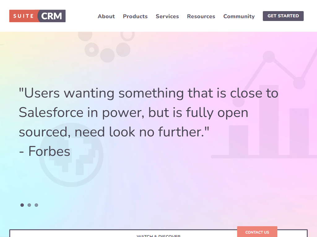 Screenshot of the homepage of SuiteCRM