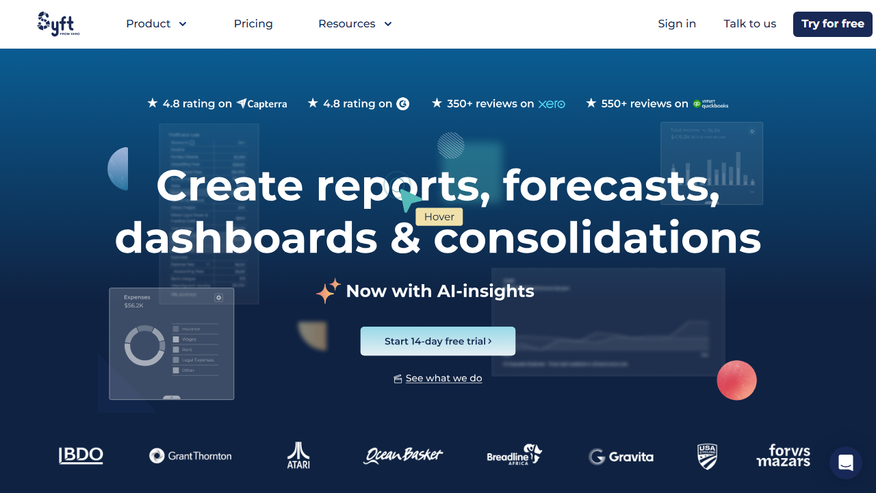 Screenshot of the homepage of Syft Analytics