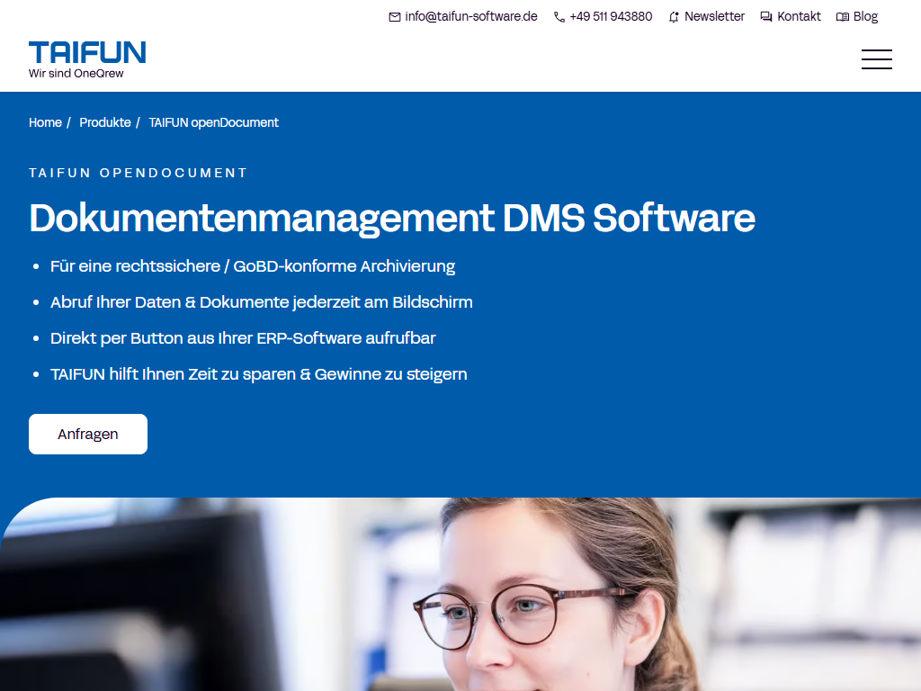 Screenshot der Homepage von TAIFUN openBusiness