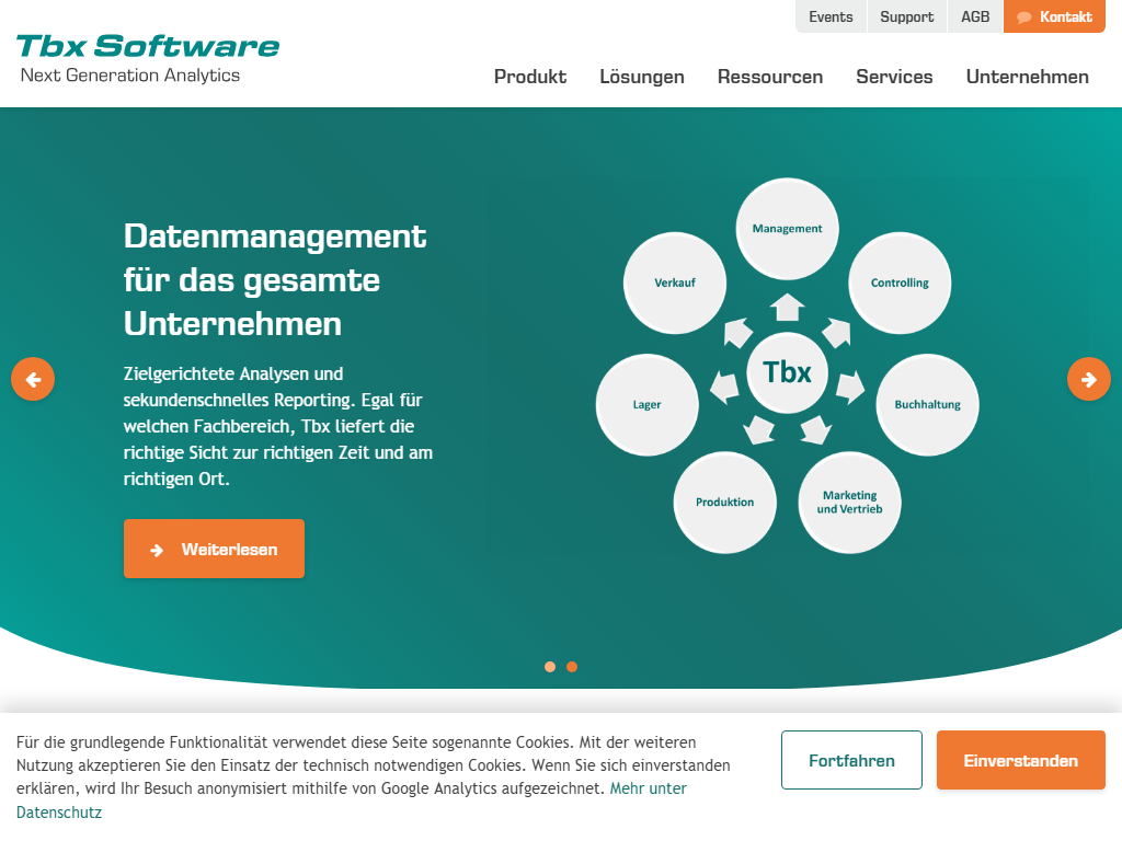 Screenshot der Homepage von Tbx Business Suite