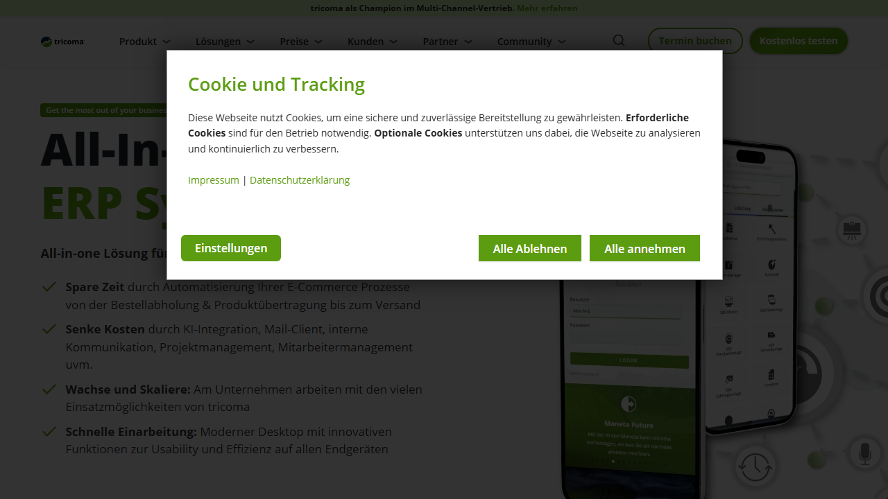 Screenshot of the homepage of tricoma