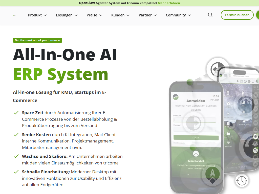 Screenshot der Homepage von tricoma