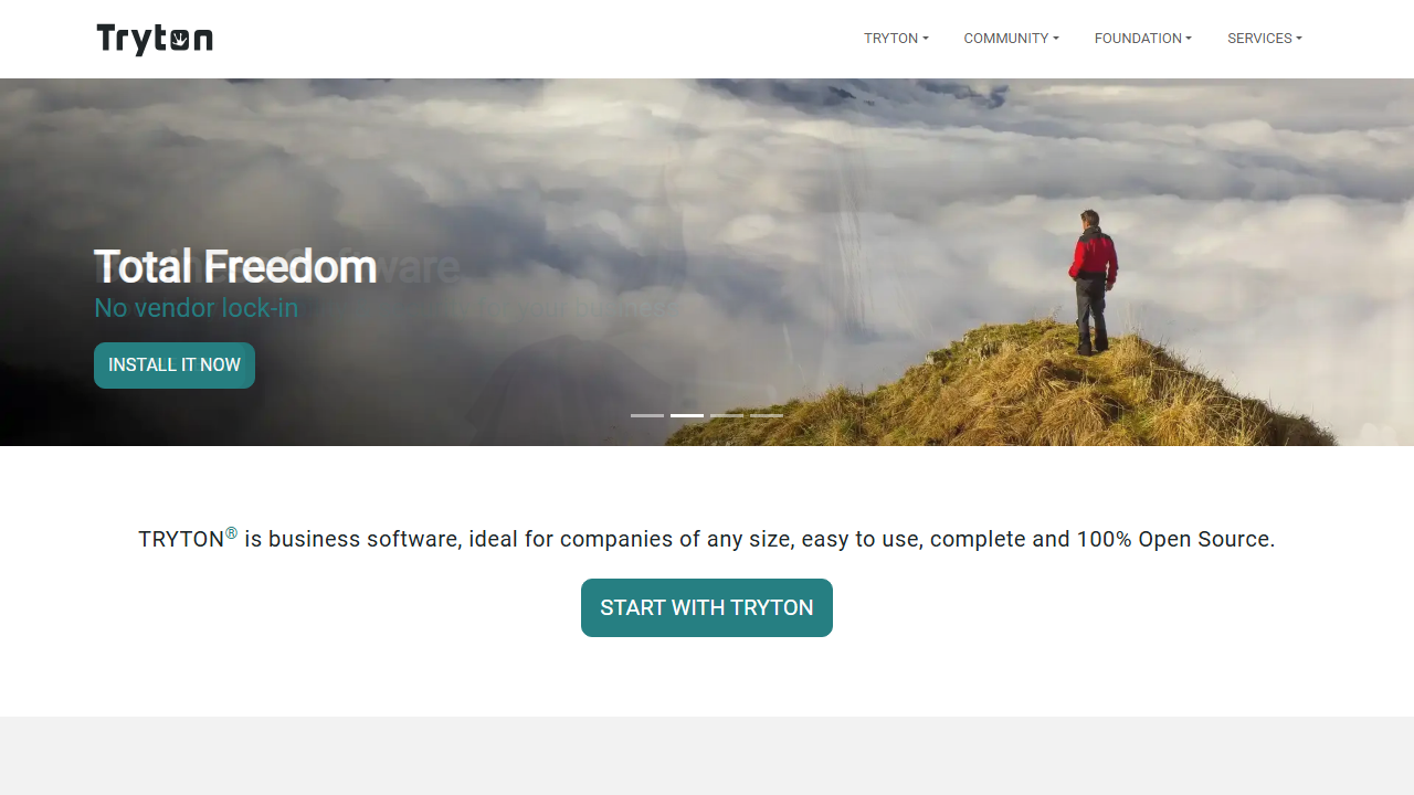 Screenshot of the homepage of Tryton