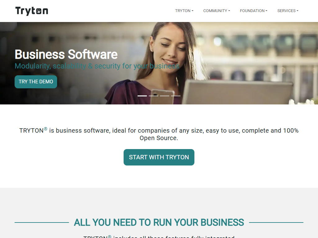 Screenshot der Homepage von Tryton