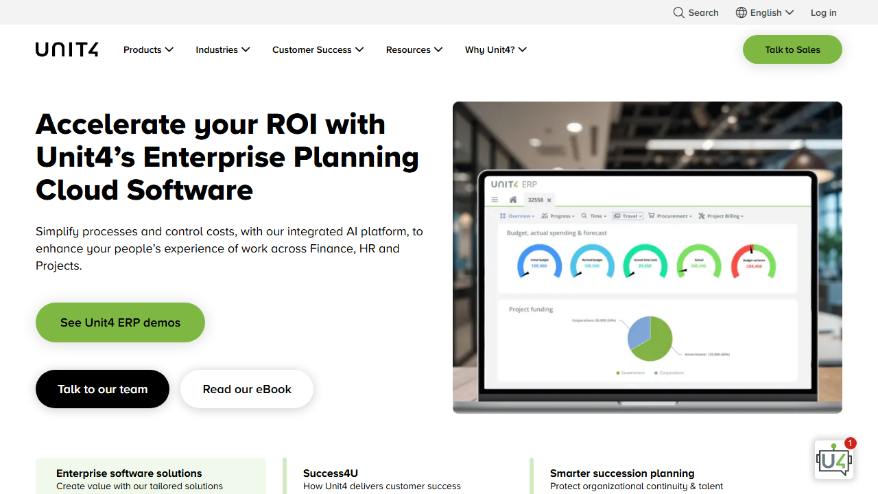 Screenshot of the homepage of Unit4 ERP