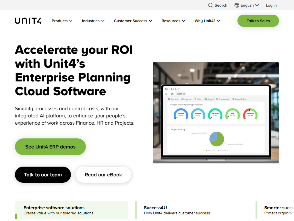 Screenshot der Homepage von Unit4 ERP