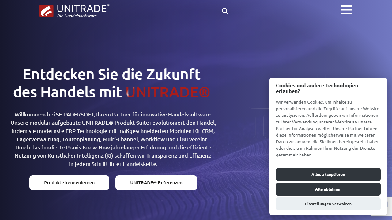 Screenshot of the homepage of UNITRADE