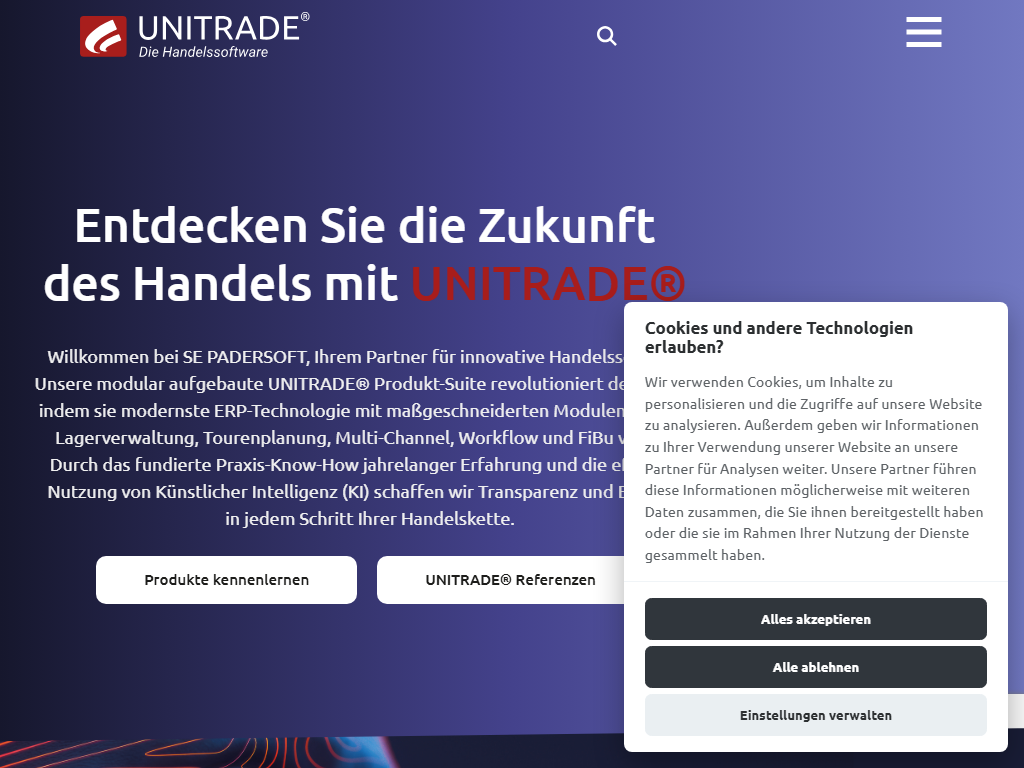 Screenshot der Homepage von UNITRADE