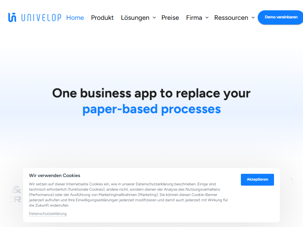 Screenshot der Homepage von Univelop