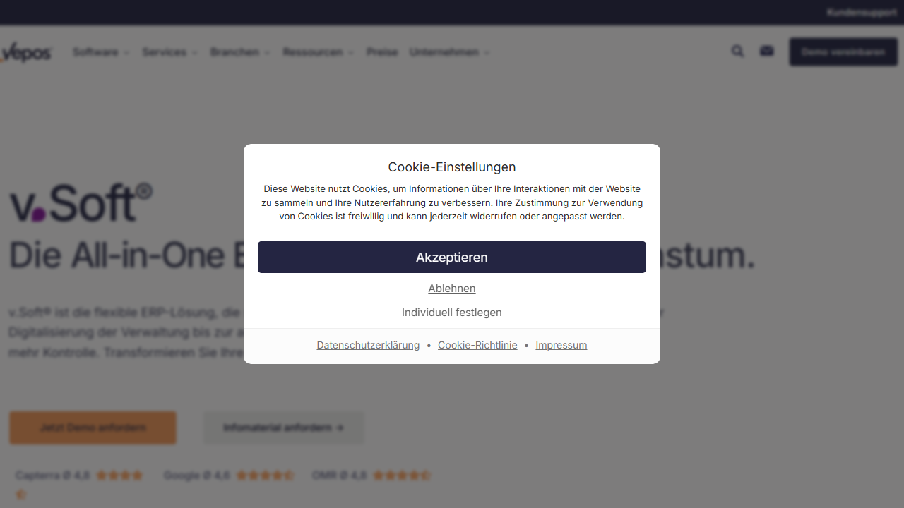 Screenshot of the homepage of v.Soft