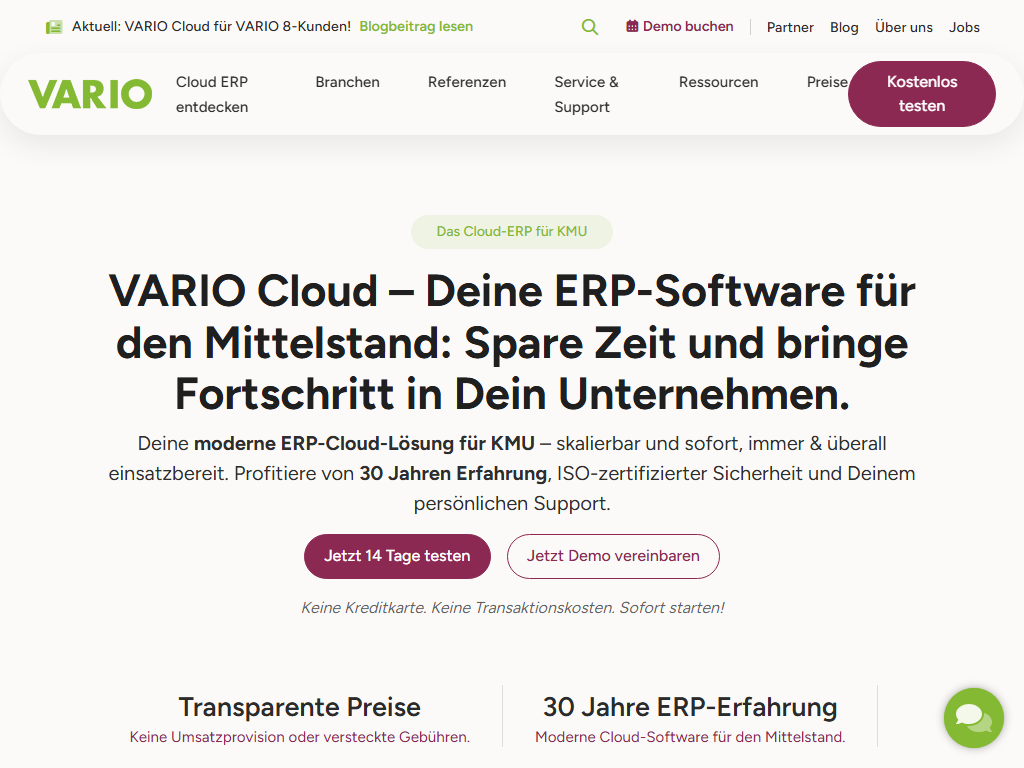 Screenshot of the homepage of VARIO 8