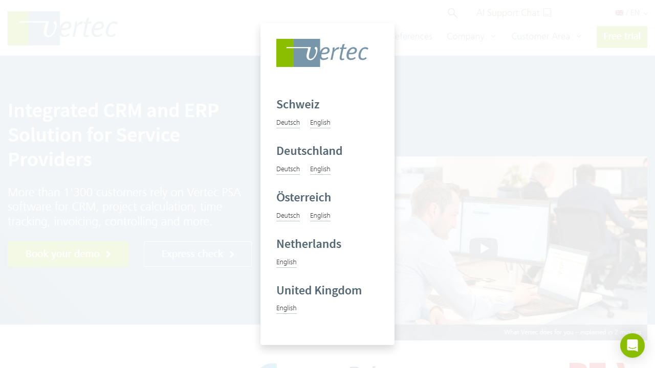 Screenshot of the homepage of Vertec