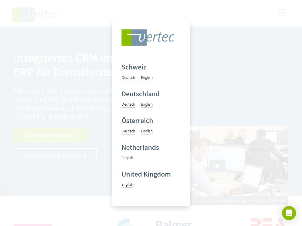 Screenshot der Homepage von Vertec
