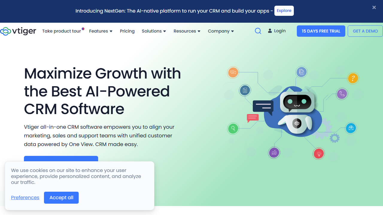 Screenshot of the homepage of Vtiger CRM