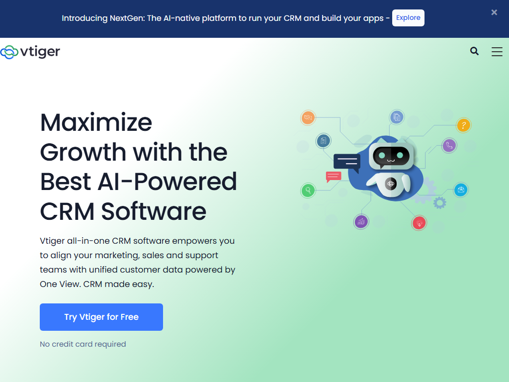 Screenshot of the homepage of Vtiger CRM