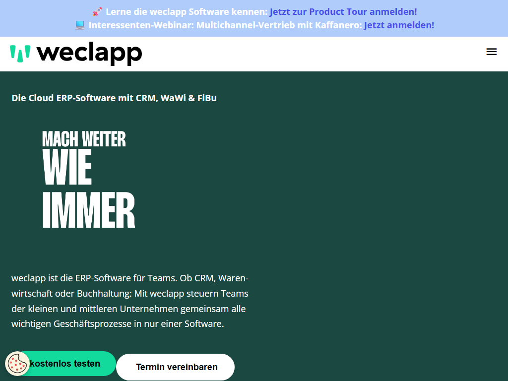 Screenshot der Homepage von weclapp