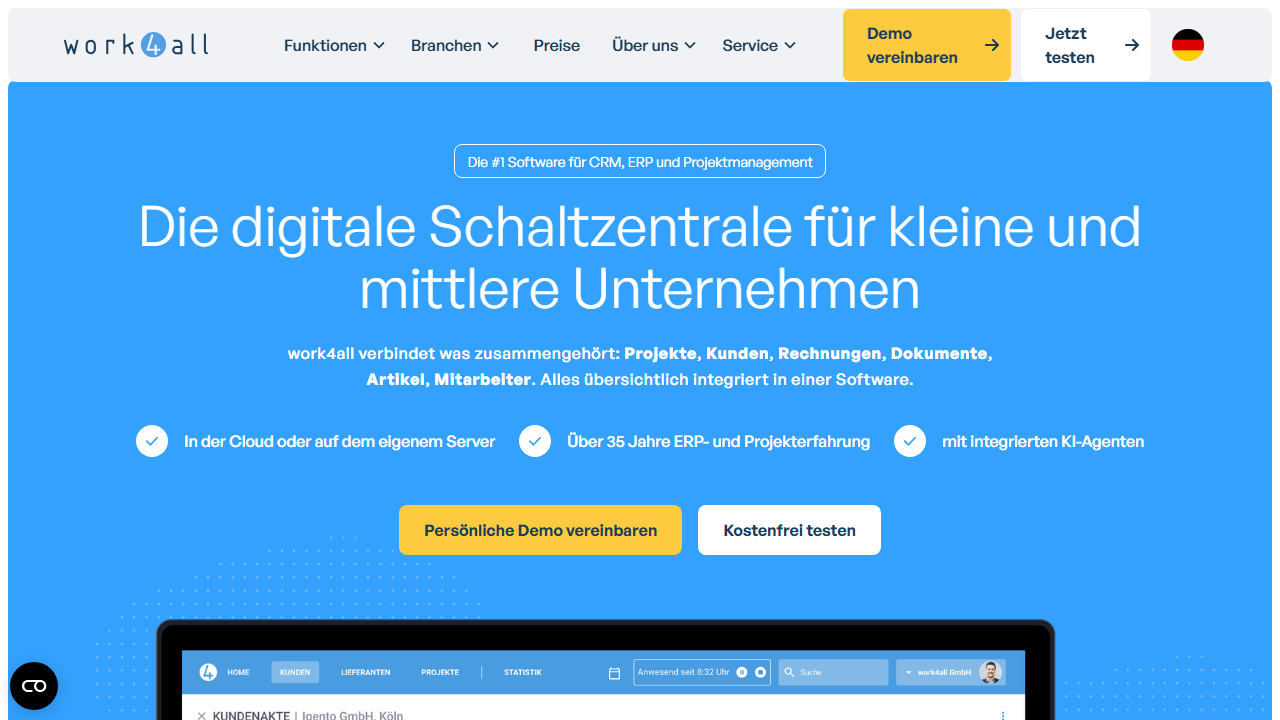 Screenshot of the homepage of work4all