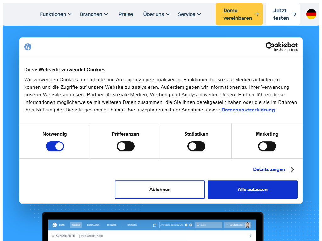 Screenshot der Homepage von work4all