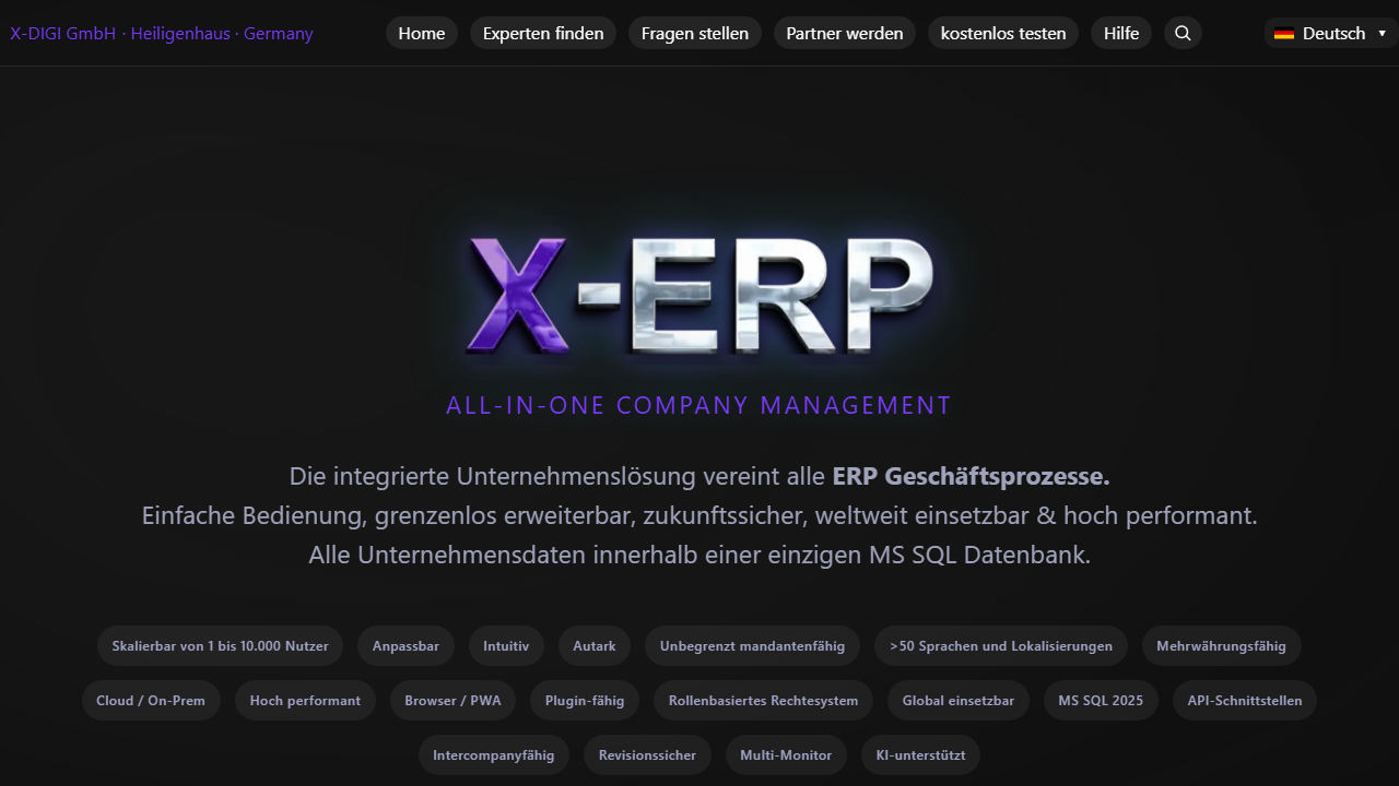 Screenshot of the homepage of X-ERP