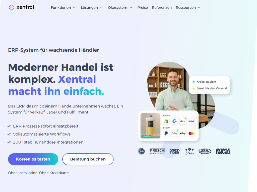Screenshot der Homepage von Xentral ERP
