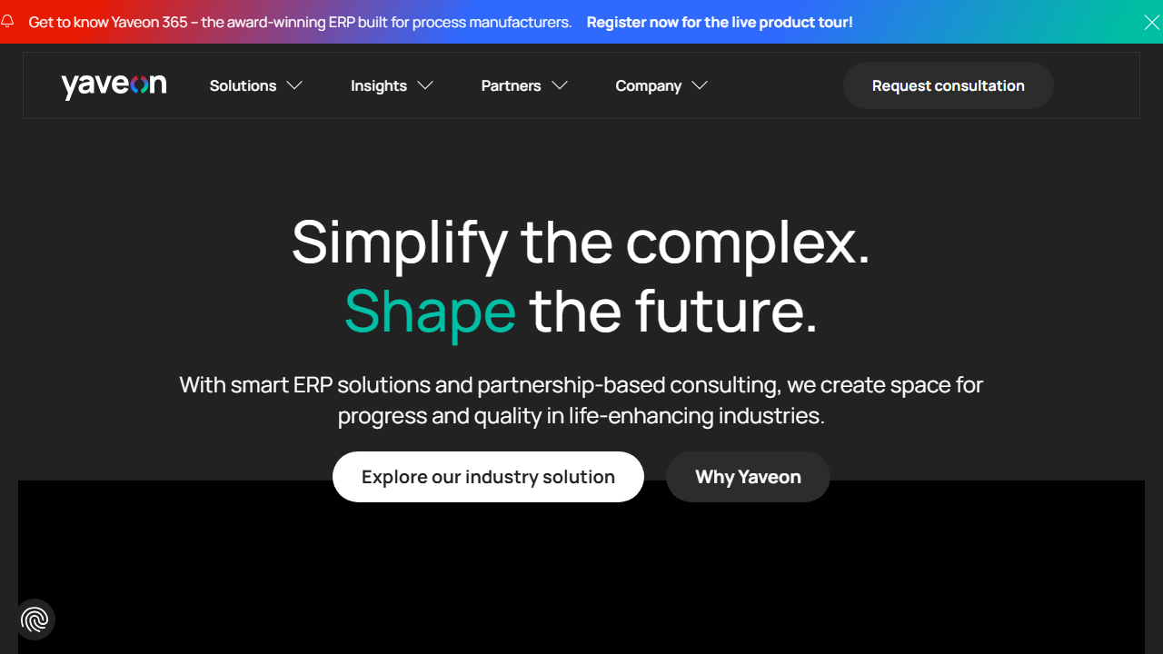 Screenshot of the homepage of Yaveon 365 ERP