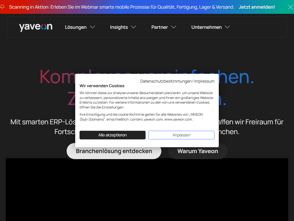 Screenshot of the homepage of Yaveon 365 ERP