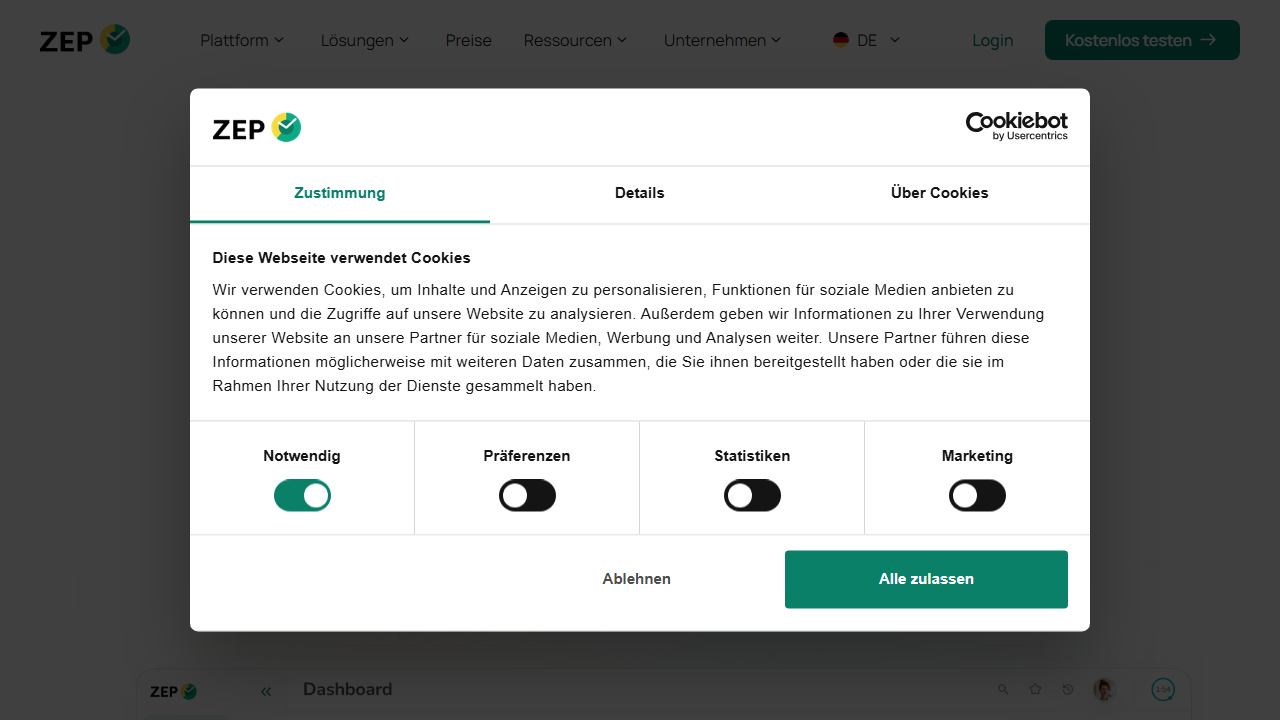 Screenshot of the homepage of ZEP