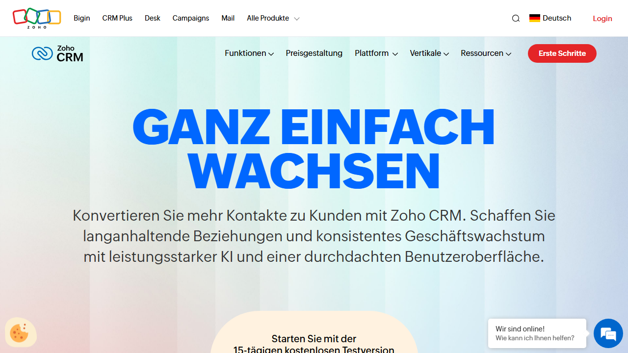 Screenshot of the homepage of Zoho CRM